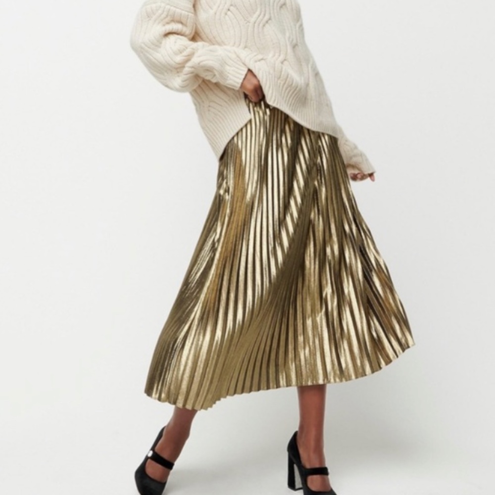 J. Crew Gold Lamet Pleated Skirt